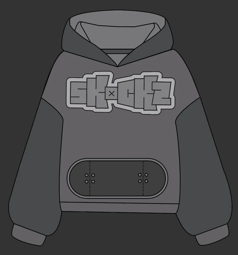 SKOCKZ Signature Hoodie design flat - oversized hoodie with the SKOCKZ chest logo and a skateboard-shaped front pocket